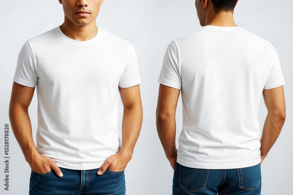 Poster front and back view of man wearing blank white t-shirt on light background for apparel design and br