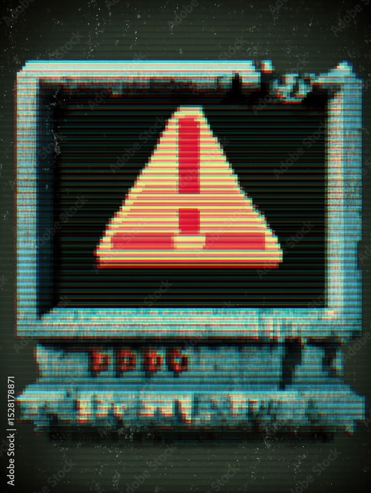 Poster Pixelated Warning Icon in Retro Style With Faded Upper Margin Captures Attention in a Digital Interface