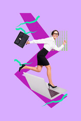 3d poster image full pop art collage of happy businesswoman businessman hold laptop freelancer occupation manager job workload