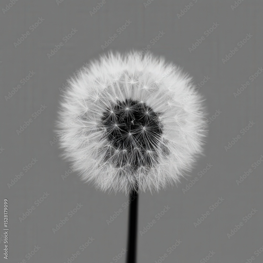 Poster captivating close-up of a delicate dandelion in monochrome showcasing its intricate structure and te