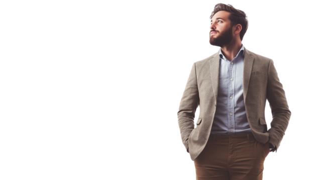 Creative professional in smart-casual outfit with blazer and open collar shirt, neutral look, isolated white background, PNG