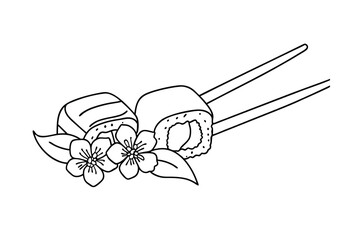 Elegant line art illustration of sushi rolls with chopsticks and cherry blossoms