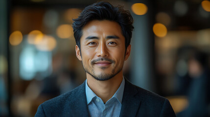 Fototapeta premium Confident Asian Businessman Portrait in Modern Office Setting