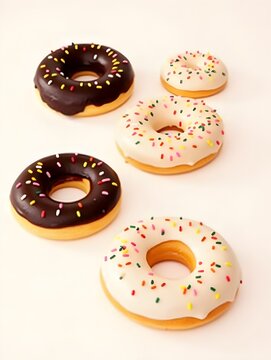Assorted chocolate and vanilla donuts on white background.