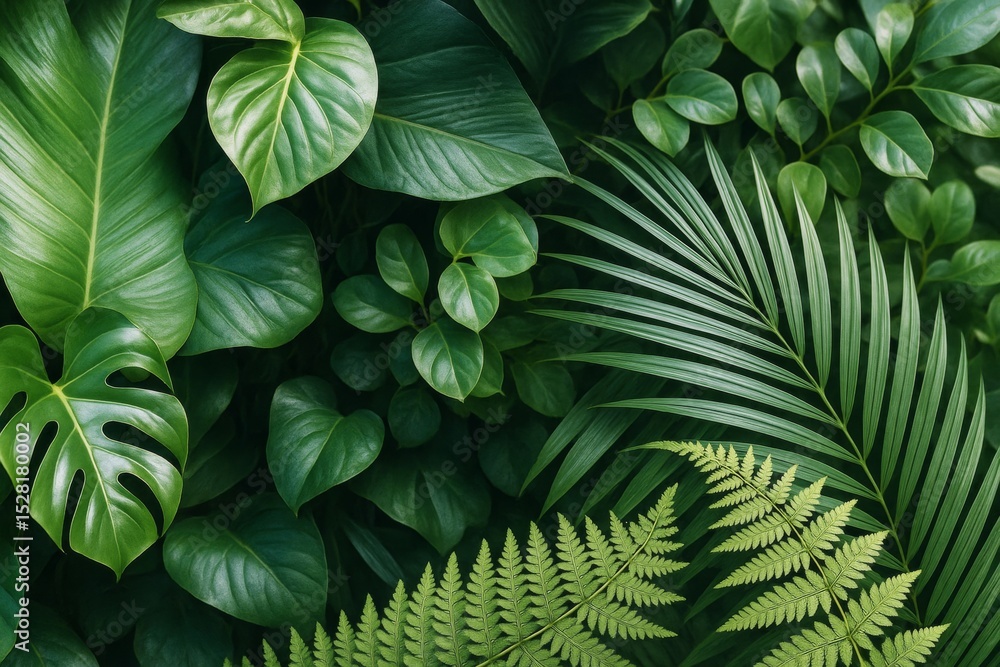 Poster lush tropical green foliage with various leaf shapes forming a natural background pattern of plants 