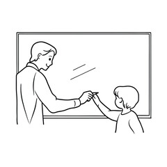 Teacher guiding student to write on a whiteboard with a black outline drawing style