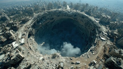 A massive bomb crater marks devastation amidst a war torn city landscape.