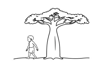 Black and white illustration of a young child walking past a baobab tree silhouette