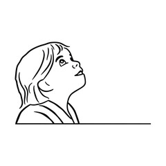 Simple black and white line art of a child looking upward towards the sky