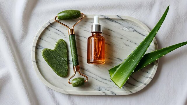 Natural skincare flatlay with jade roller and aloe vera highlighting wellness trends