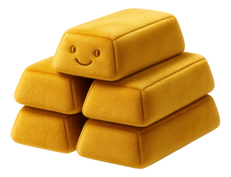 Plush cushion stack resembling gold bars with a smiling face design on transparent background.