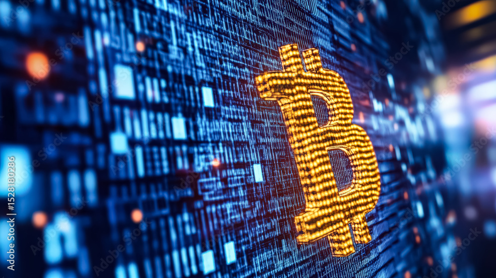 Aufkleber computer screen displays a large b in yellow. concept of popularity of crypto assets in the stock ma
