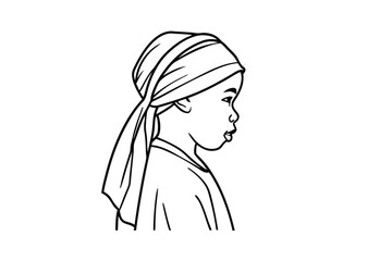 Simple outline illustration depicting an african child wearing a headscarf in profile on white
