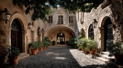 Fototapeta premium An aged stone courtyard glows with plants and traditional architectural features.