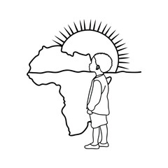 A young african boy looking towards the sun and continent of africa illustration