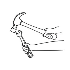 Line art illustration of a hammer and wrench representing repair and construction