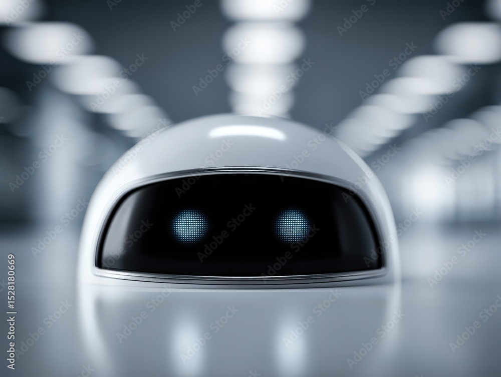 Poster futuristic close-up of a sleek robotic head with glowing eyes in a modern high-tech environment expr