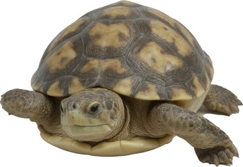 A charming turtle with a striking brown and yellow patterned shell, attentive eyes, and extended front legs, perfectly captured on a transparent background.