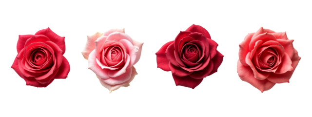 A row of four red and pink roses