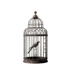 A caged bird symbolises confinement, freedom, and longing. The intricate design of the cage accentuates its metallic construction. A solitary bird rests inside.