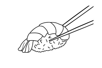 Monochrome illustration of shrimp nigiri sushi being held by chopsticks on white background