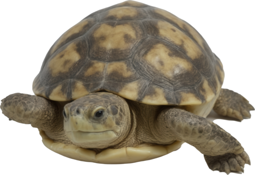 A charming turtle with a striking brown and yellow patterned shell, attentive eyes, and extended front legs, perfectly captured on a transparent background.