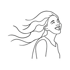Joyful woman laughing with hair flowing in the wind in simple black line art