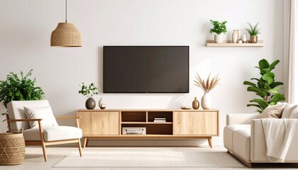 Elegant living room with modern minimalist design showcasing natural elements