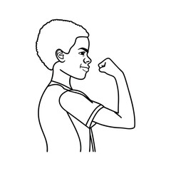 Young boy flexing arm bicep strength and power outline vector illustration
