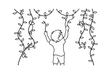 A young child reaching and playing with decorative vine plants in simple line art