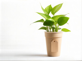 Fototapeta premium Potted green plant with tag isolated on white background