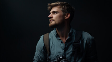 Fototapeta premium Photographer in casual shirt with camera strap around neck, looking away, cinematic studio lighting, PNG