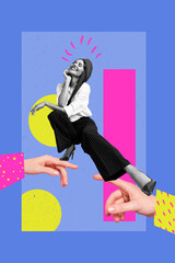 Creative artwork collage of beautiful woman feel dreamy sit big fingers touch on blue color background