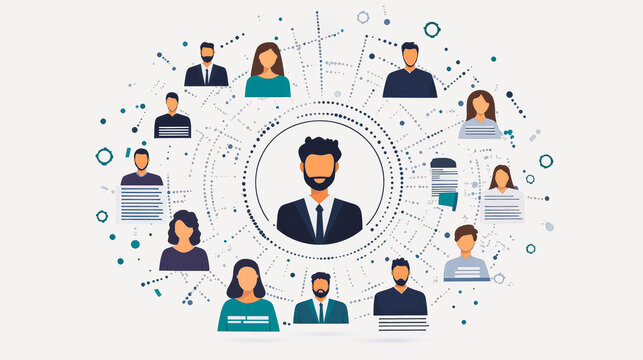 Man is the center of a group of people. The people are all connected to him in some way - Powered by Adobe