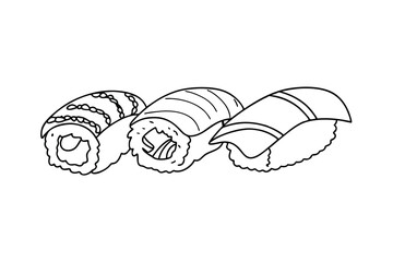 Simple line art illustration of three sushi rolls on a white background © pankajkumar