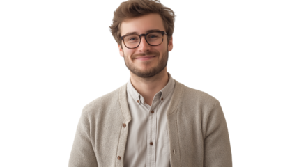 Teacher in button-up and cardigan, friendly smile, neutral posture, cropped mid-torso, white background, PNG