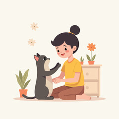 Young Girl Playing with Cat – Cheerful Flat Vector for Pet Interaction at Home