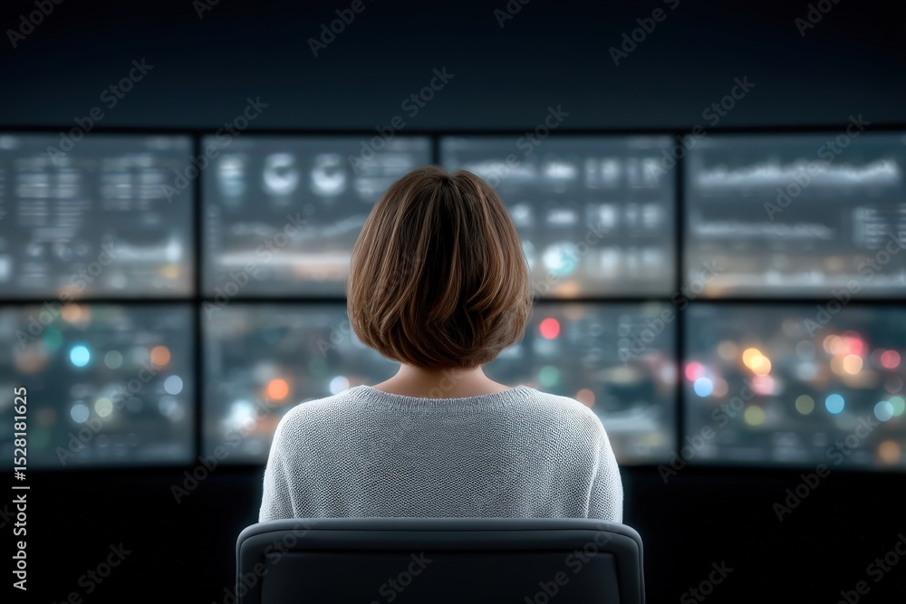 Poster young woman focused on advanced technology dashboard analyzing data trends and visualizations in a m