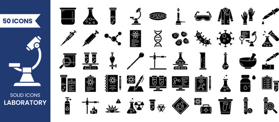 Laboratory icon set in solid style. Containing experiment, test tube, microscope, lab, flask, chemical, biology, research and more. Vector illustration