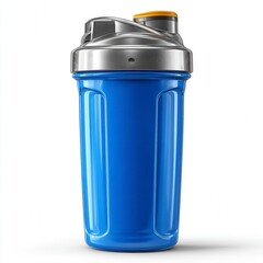 A sleek blue and silver protein shaker bottle with a yellow flip-top lid, designed for mixing and carrying fitness drinks.
