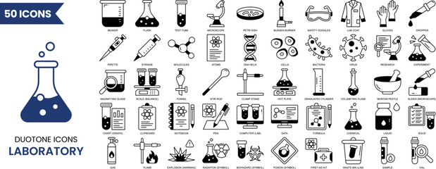 Laboratory icon set in duotone style. Containing experiment, test tube, microscope, lab, flask, chemical, biology, research and more. Vector illustration