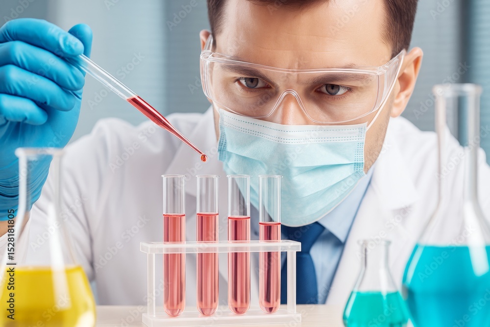 Poster Focused scientist in lab coat and mask analyzing liquid samples in test tubes with pipette on light background. Ai generative.