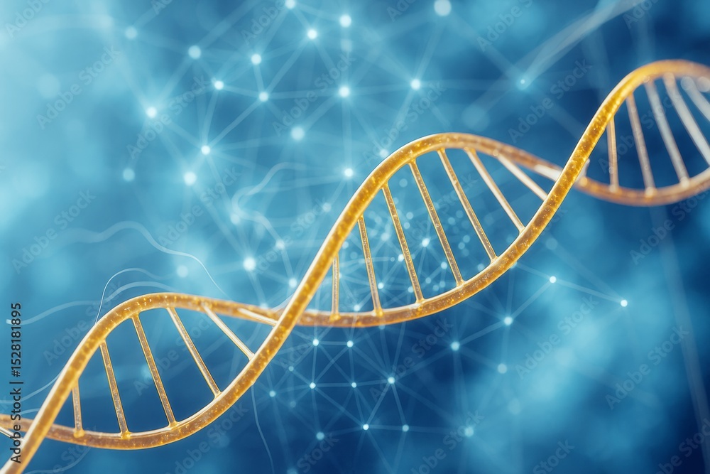 Poster Golden DNA double helix structure with glowing network nodes on blue scientific background illustrating biotechnology and genetic science concept.