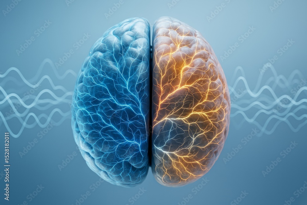 Poster Split brain with electric blue and orange neural pathways on soft gradient background representing creative and analytical thinking in science concept.