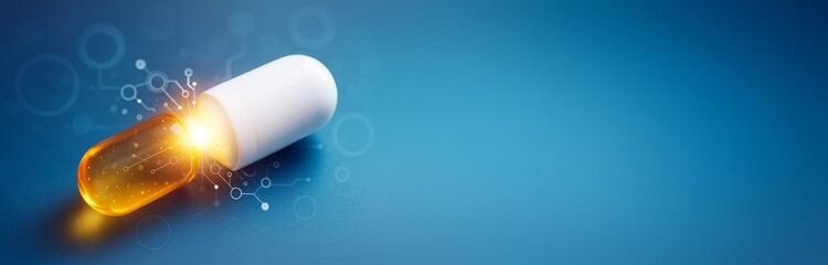 Futuristic glowing medical capsule on blue background with digital circuit design for science, healthcare, or pharmaceutical promotion concept.