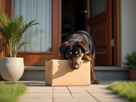 Curious dog exploring a delivered parcel at the front door on a sunny afternoon