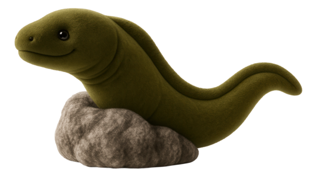 Cute green sea creature with a smiling face emerging from a rock, resembling a plush toy on transparent background.