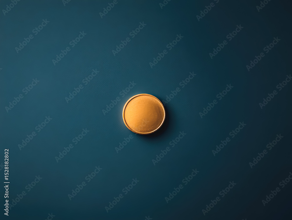 Poster gold coin sits on a blue surface. the coin is small and round, and it is a coin from a foreign count