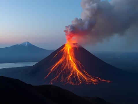 A volcano erupting with lava flowing down the side, mountain range in the background, smoke rising from the ground, clear sky