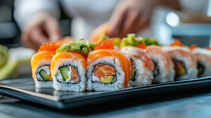 Close-up of sushi rolls with salmon, avocado, cucumber, and roe, garnished with green toppings and served on a black rectangular plate. A chef works in the background. Fresh Japanese cuisine.
